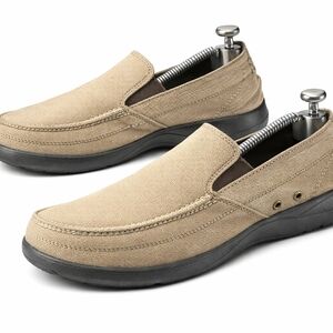 Men’s Beige Canvas Slip On Loafers Casual Comfort Lightweight Everyday Shoe Sz 1